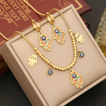 Ig Style Ethnic Style Palm Eye Stainless Steel Beaded Plating Inlay Artificial Diamond Bracelets Earrings Necklace