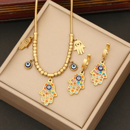 Ig Style Ethnic Style Palm Eye Stainless Steel Beaded Plating Inlay Artificial Diamond Bracelets Earrings Necklace