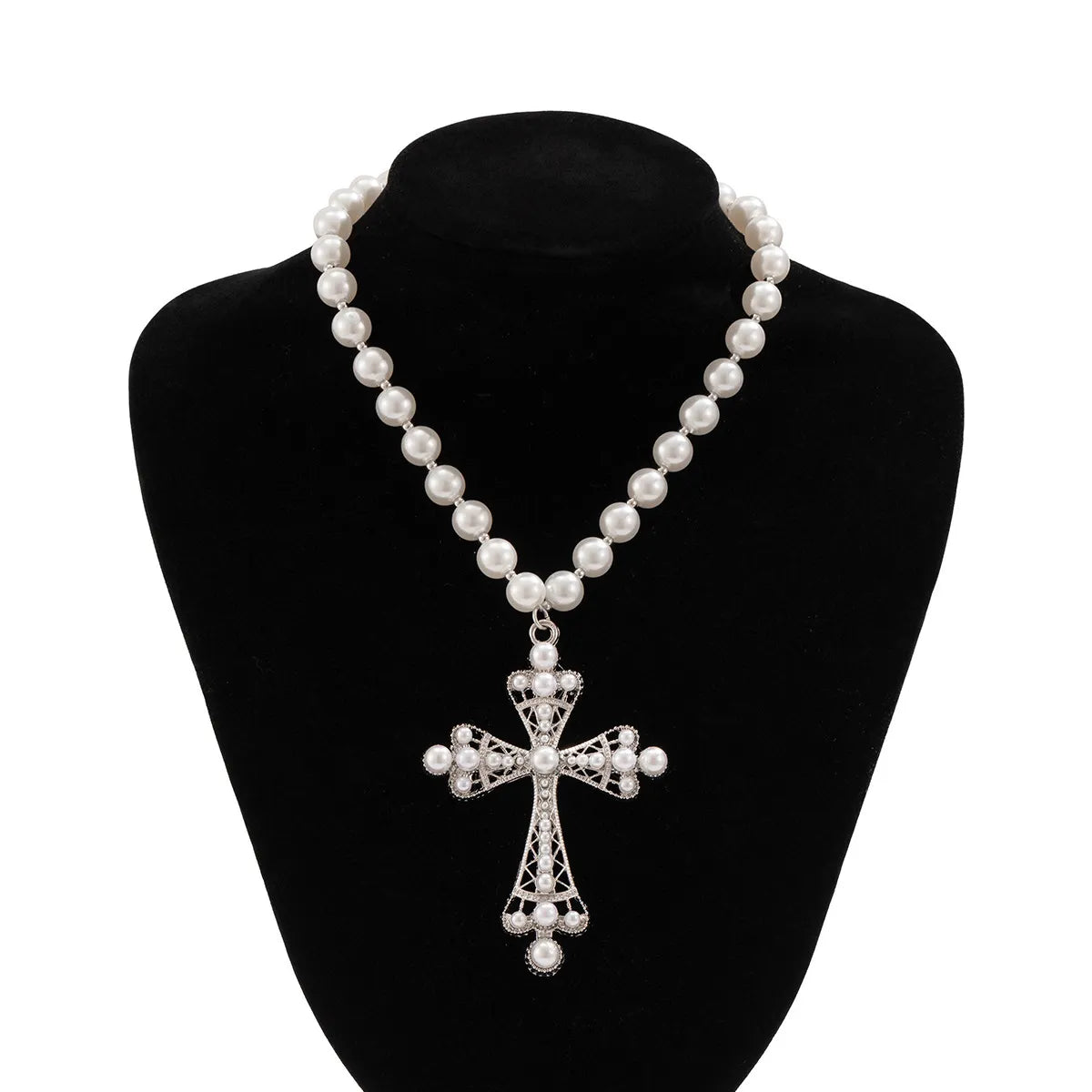 IG Style Exaggerated Cross Rhinestones Pearl Arylic Imitation Pearl Alloy Wholesale Pendant Necklace