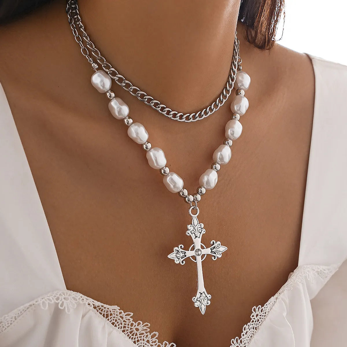 IG Style Exaggerated Cross Rhinestones Pearl Arylic Imitation Pearl Alloy Wholesale Pendant Necklace