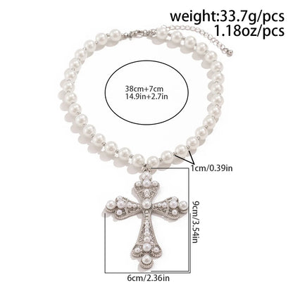 IG Style Exaggerated Cross Rhinestones Pearl Arylic Imitation Pearl Alloy Wholesale Pendant Necklace