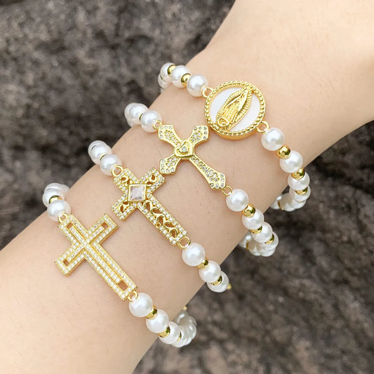 Ig Style Fashion Cross Imitation Pearl Copper Beaded Plating Inlay Zircon 18k Gold Plated Women's Bracelets