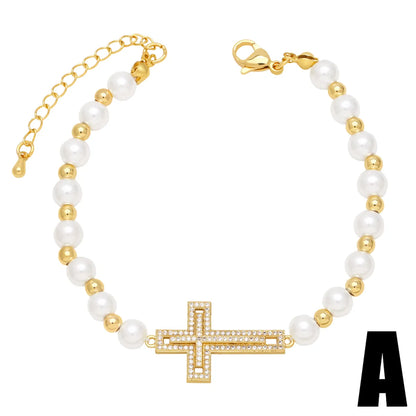 Ig Style Fashion Cross Imitation Pearl Copper Beaded Plating Inlay Zircon 18k Gold Plated Women's Bracelets