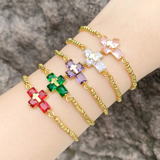 Ig Style Fashion Simple Style Cross Copper 18k Gold Plated Zircon Bracelets In Bulk