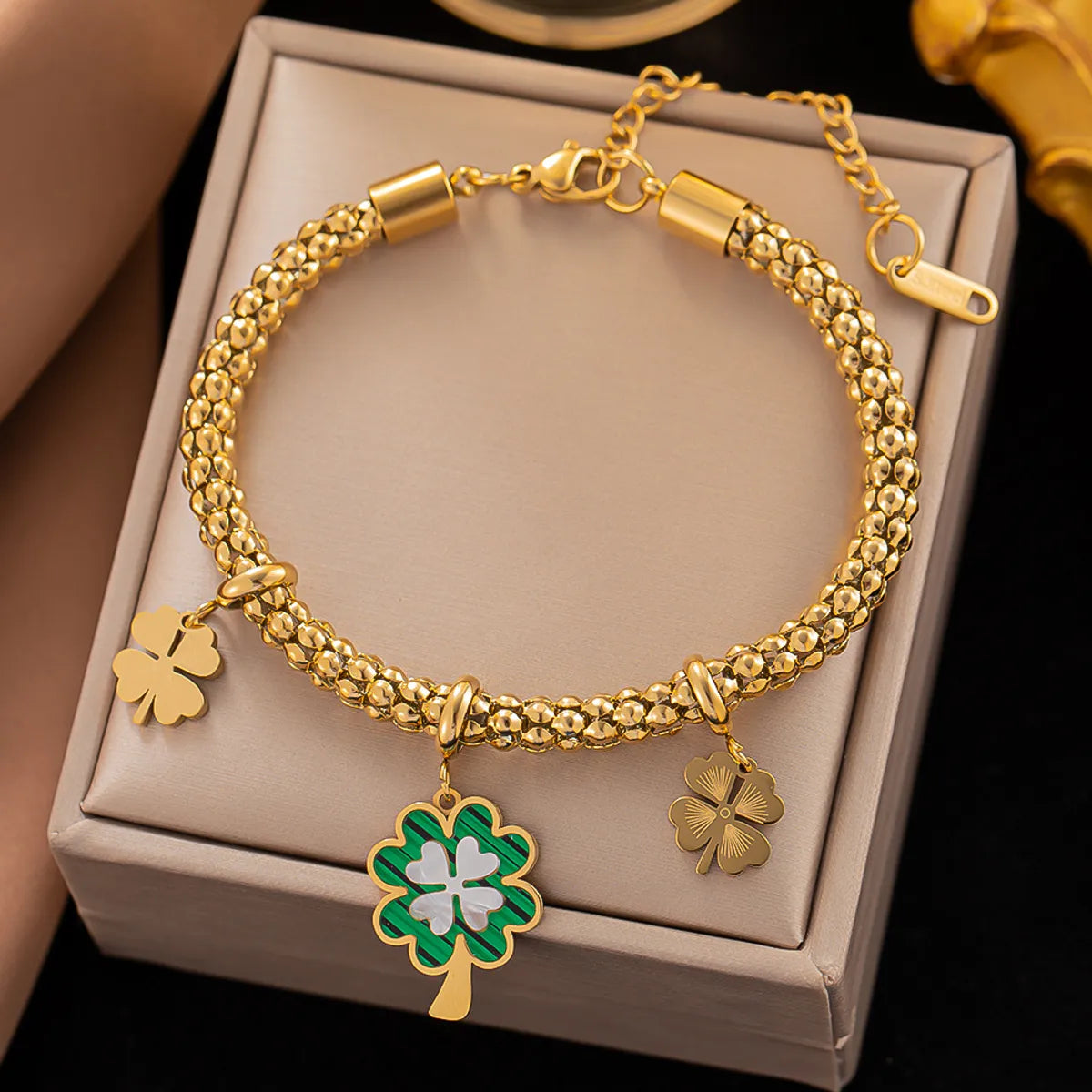 Ig Style Four Leaf Clover Devil's Eye Hand Of Fatima Titanium Steel Enamel Plating Inlay Rhinestones 18k Gold Plated Bracelets