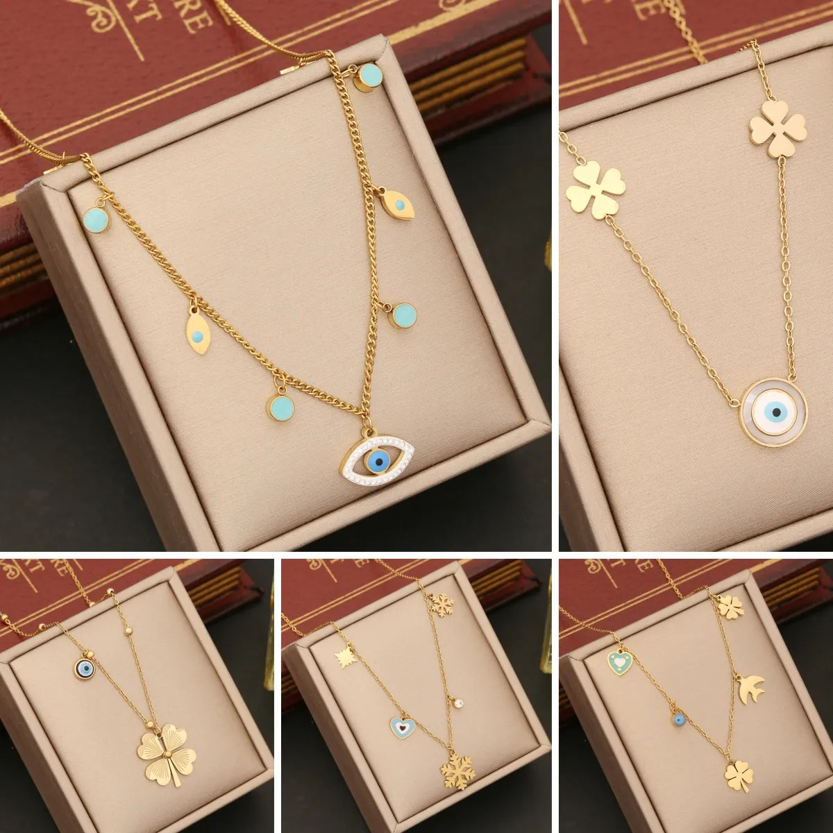 Ig Style Four Leaf Clover Eye Snowflake Stainless Steel Enamel Plating Necklace