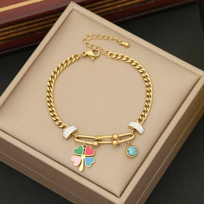 Ig Style Four Leaf Clover Heart Shape Stainless Steel Turquoise Zircon Bracelets In Bulk