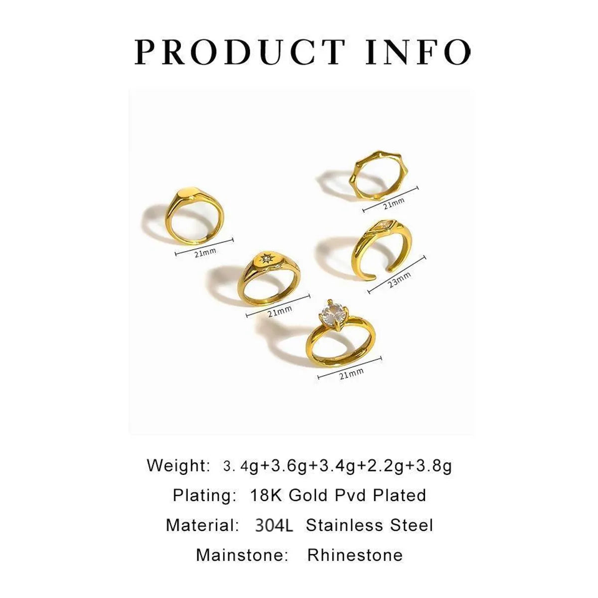 Wholesale Jewelry IG Style Geometric 304 Stainless Steel Diamond Zircon 18K Gold Plated Inlay Rings