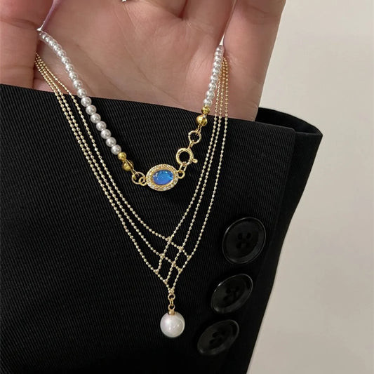 IG Style Geometric Alloy Copper Beaded Inlay Rhinestones Pearl Unisex Pendant Necklace Necklace