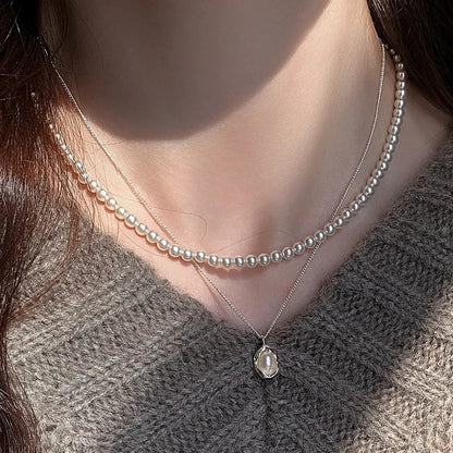 IG Style Geometric Imitation Pearl Titanium Steel Beaded Plating Women's Necklace