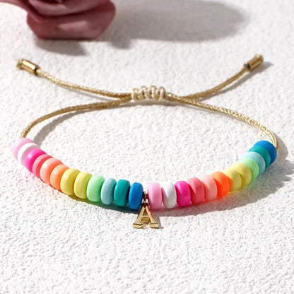 IG Style Handmade Bohemian Letter Rainbow Beaded Soft Clay Copper Beaded 18K Gold Plated Women's Bracelets