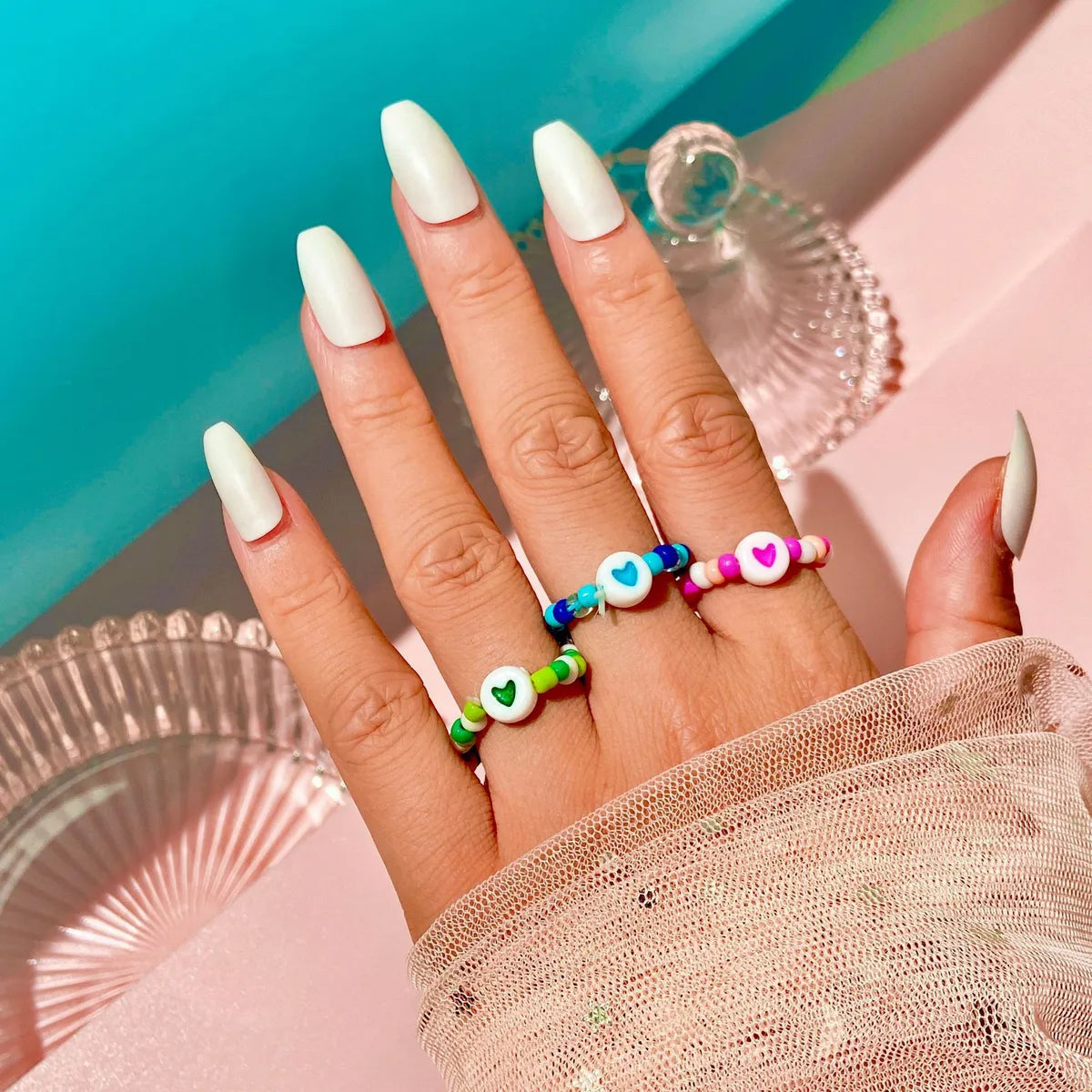 Ig Style Heart Shape Plastic Resin Beaded Women'S Rings 1 Piece