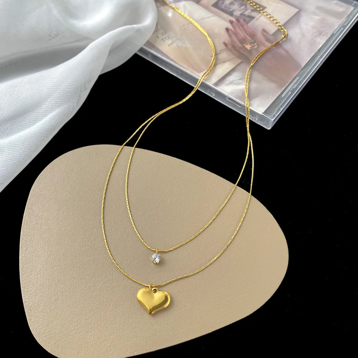 304 Stainless Steel 18K Gold Plated IG Style Plating Inlay Heart Shape Artificial Rhinestones Layered Necklaces