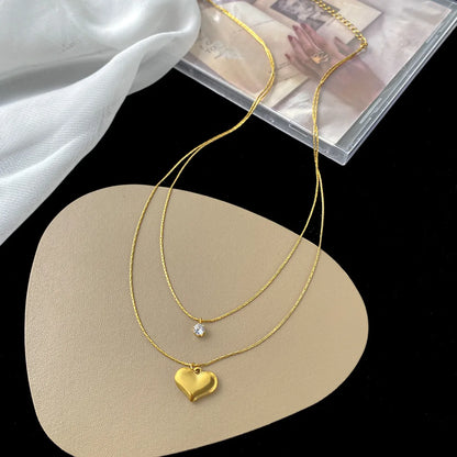 304 Stainless Steel 18K Gold Plated IG Style Plating Inlay Heart Shape Artificial Rhinestones Layered Necklaces