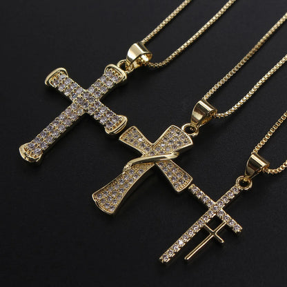 Ig Style Hip-hop Cool Style Cross Copper Gold Plated Zircon Pendant Necklace In Bulk