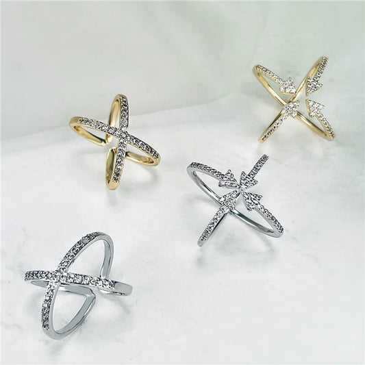 Ig Style Hip-hop Cool Style Geometric Copper Criss Cross Plating Inlay Zircon 18k Gold Plated Open Rings