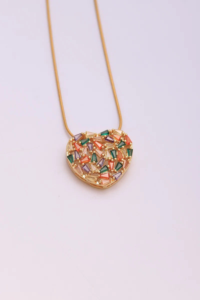 Wholesale Jewelry IG Style Hip-Hop Shiny Heart Shape 304 Stainless Steel Copper Zircon Plating Inlay Pendant Necklace