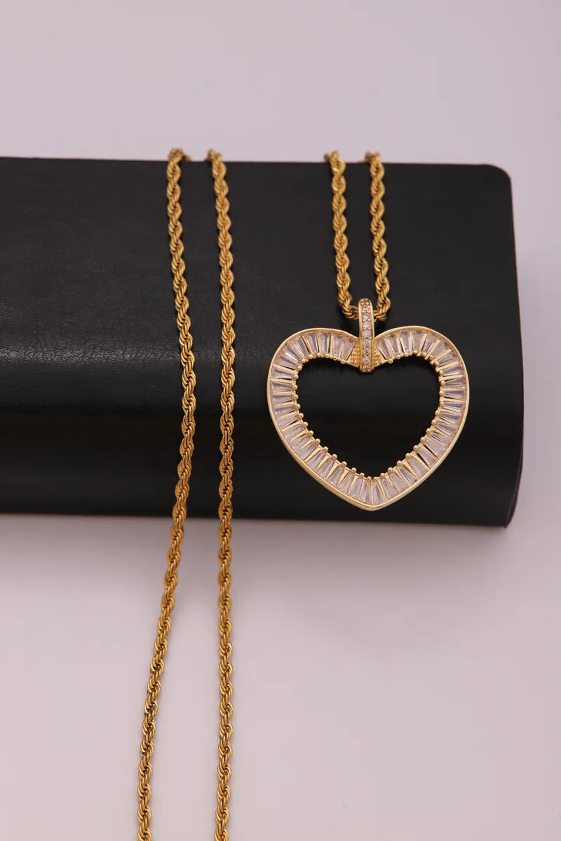 Wholesale Jewelry IG Style Hip-Hop Shiny Heart Shape 304 Stainless Steel Copper Zircon Plating Inlay Pendant Necklace