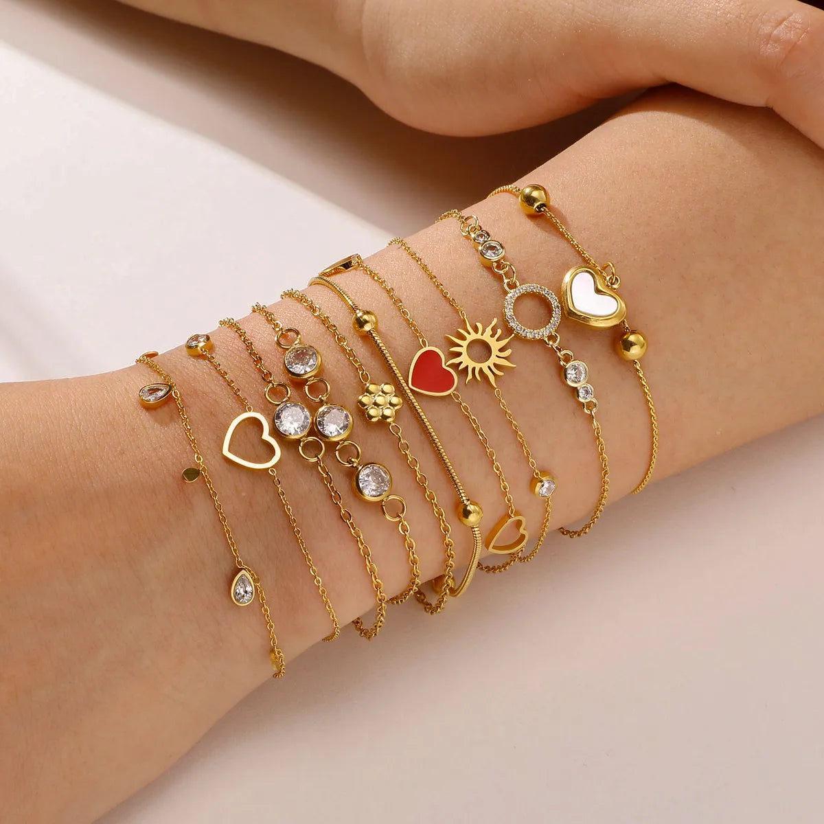 Ig Style Korean Style Round Heart Shape Flower Stainless Steel Plating Inlay Zircon 18k Gold Plated Bracelets