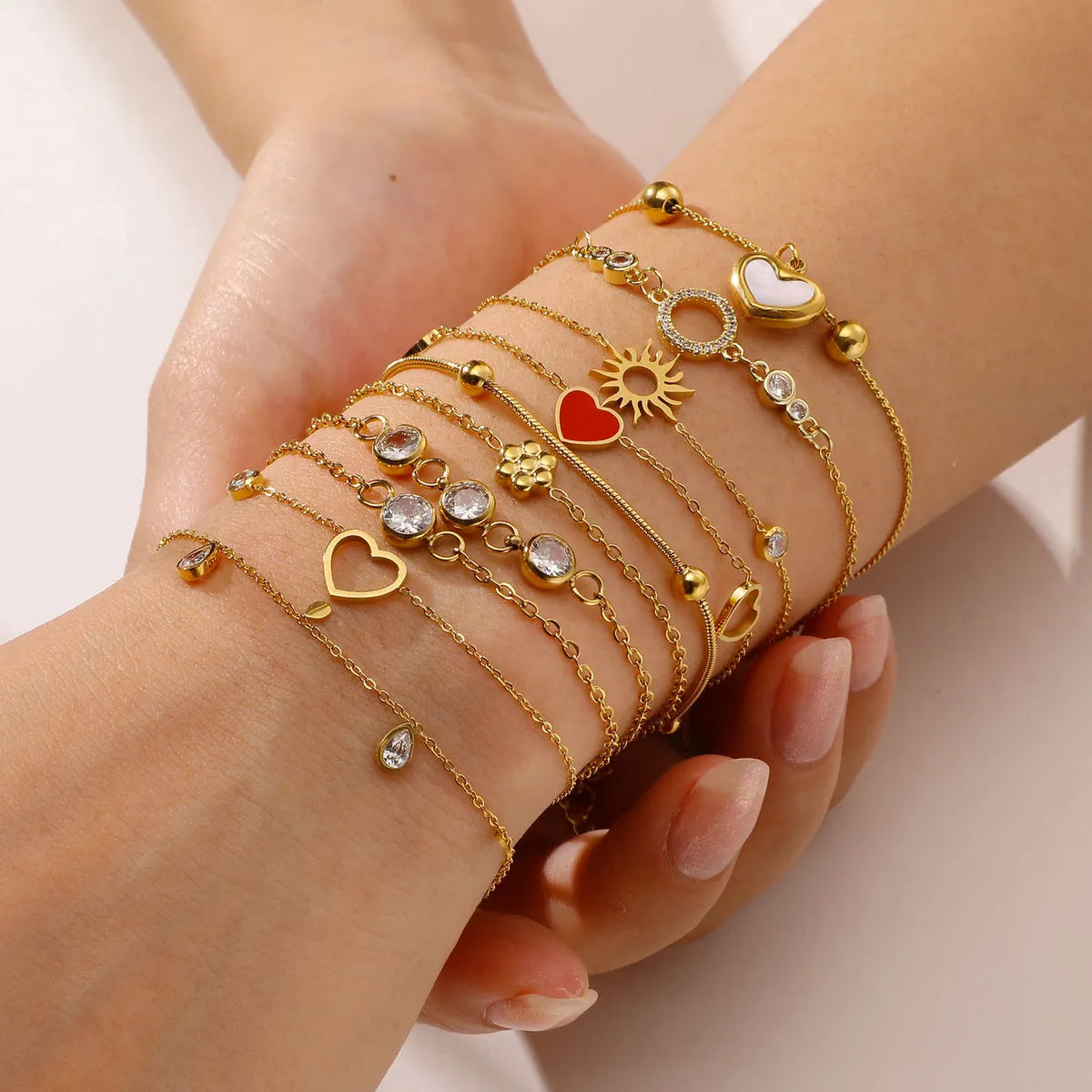 Ig Style Korean Style Round Heart Shape Flower Stainless Steel Plating Inlay Zircon 18k Gold Plated Bracelets