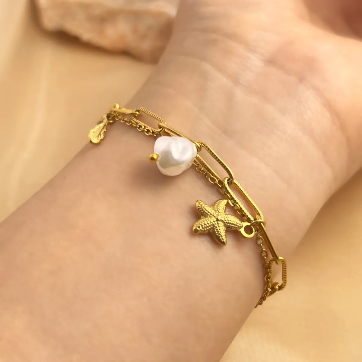 IG Style Korean Style Starfish Feather 304 Stainless Steel 18K Gold Plated Bracelets In Bulk