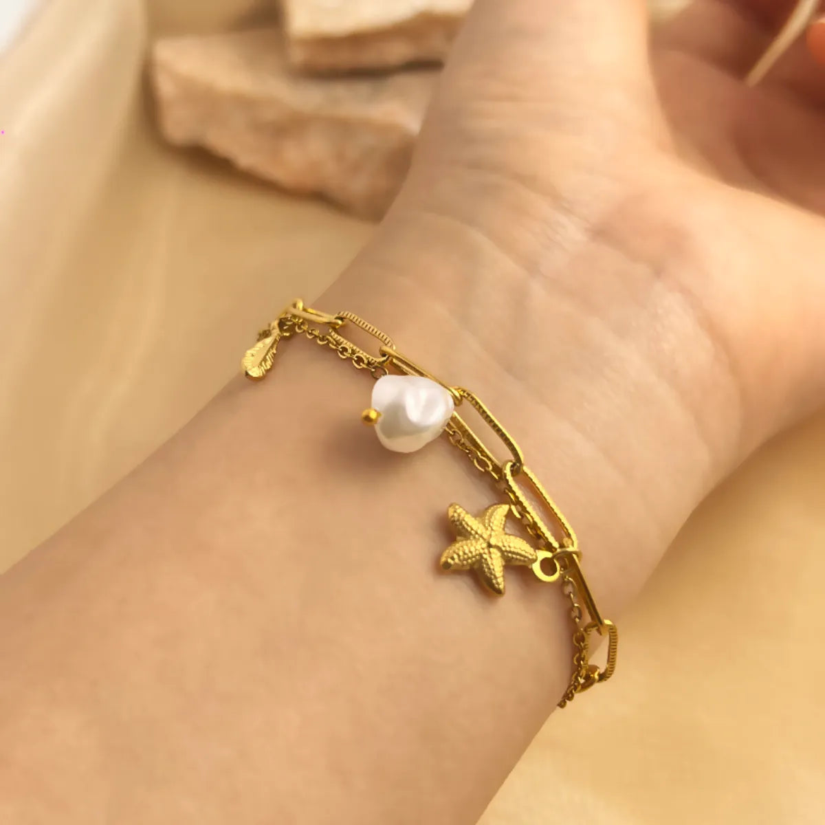 IG Style Korean Style Starfish Feather 304 Stainless Steel 18K Gold Plated Bracelets In Bulk