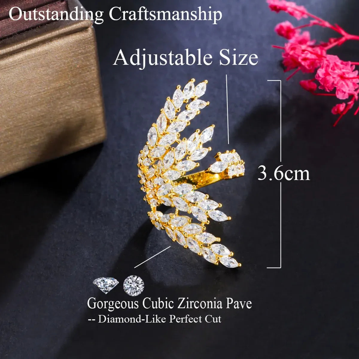 Ig Style Korean Style Wings Copper Plating Inlay Artificial Gemstones Gold Plated Rhodium Plated Open Rings