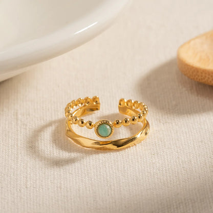 IG Style Lady Modern Style Geometric 304 Stainless Steel 18K Gold Plated Amazonite Open Rings In Bulk