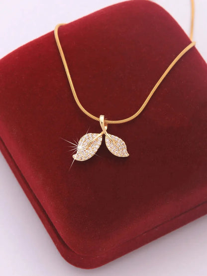 Ig Style Leaves Stainless Steel Brass Plating Inlay Zircon 18k Gold Plated Pendant Necklace