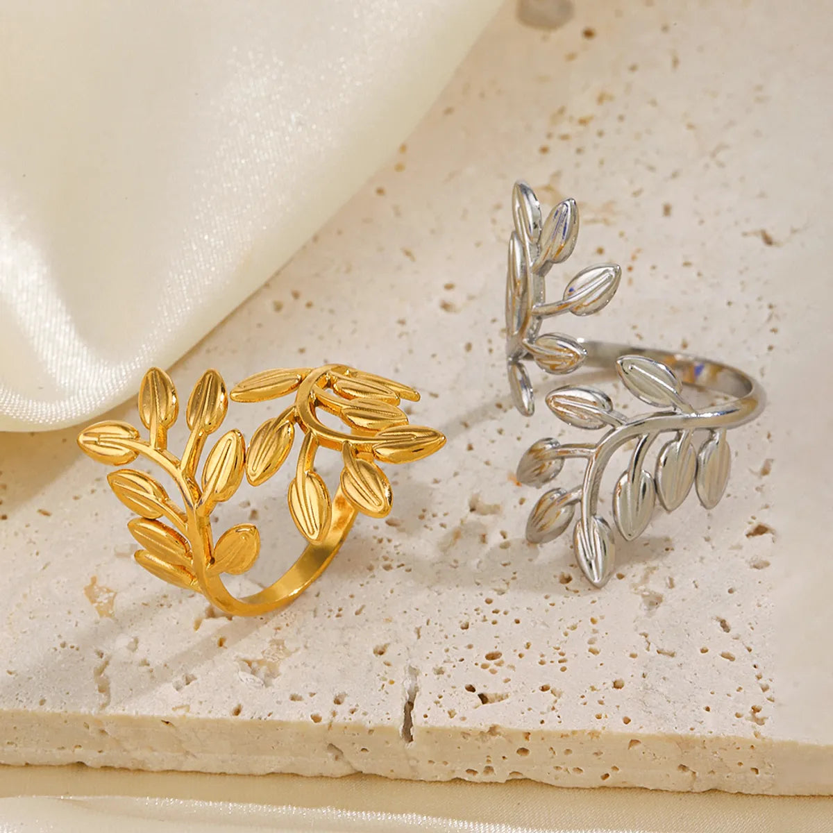 304 Stainless Steel 18K Gold Plated IG Style Plating Leaves Open Rings