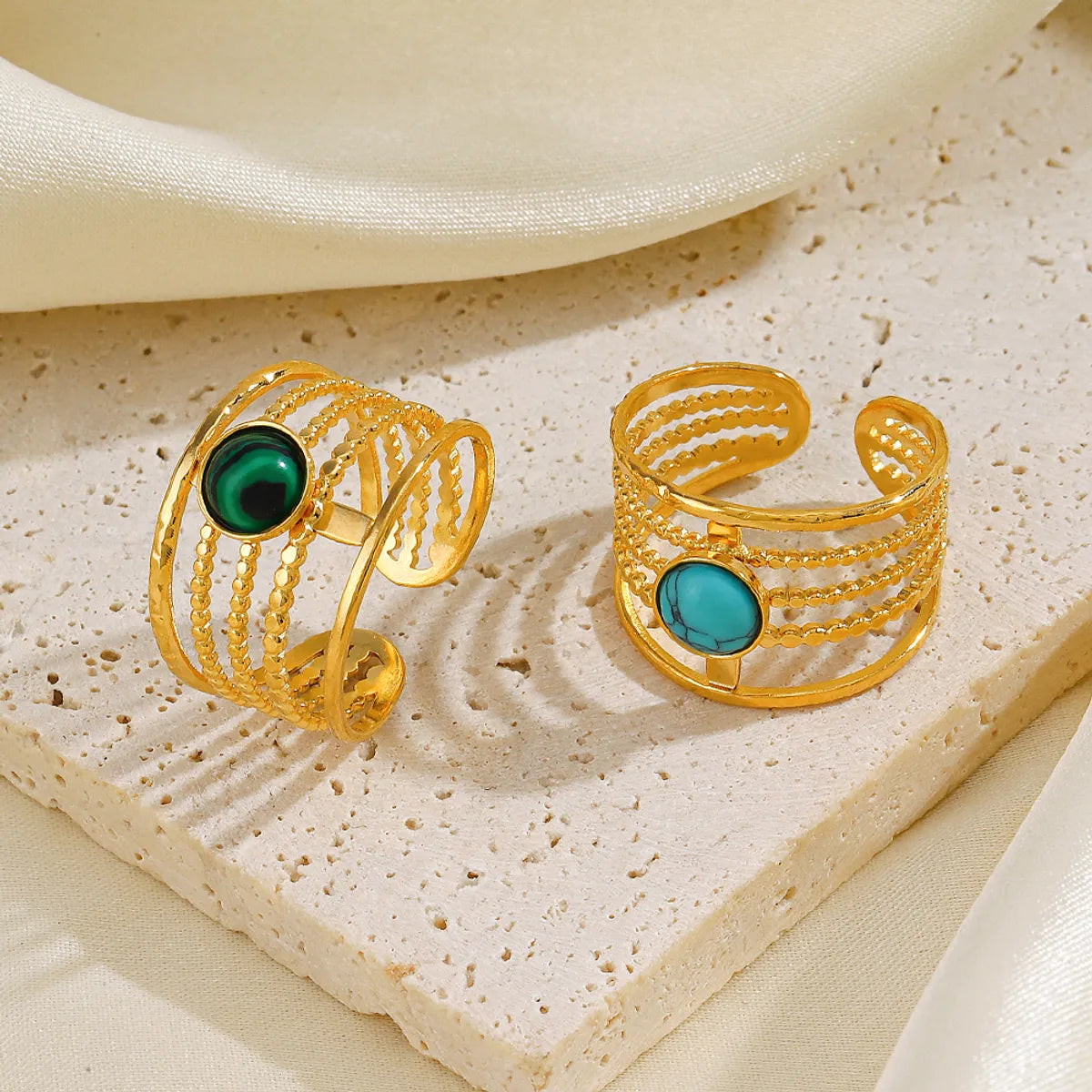 Ig Style Lines Stainless Steel Plating Inlay Natural Stone Turquoise 18k Gold Plated Adjustable Ring