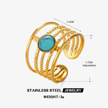 Ig Style Lines Stainless Steel Plating Inlay Natural Stone Turquoise 18k Gold Plated Adjustable Ring