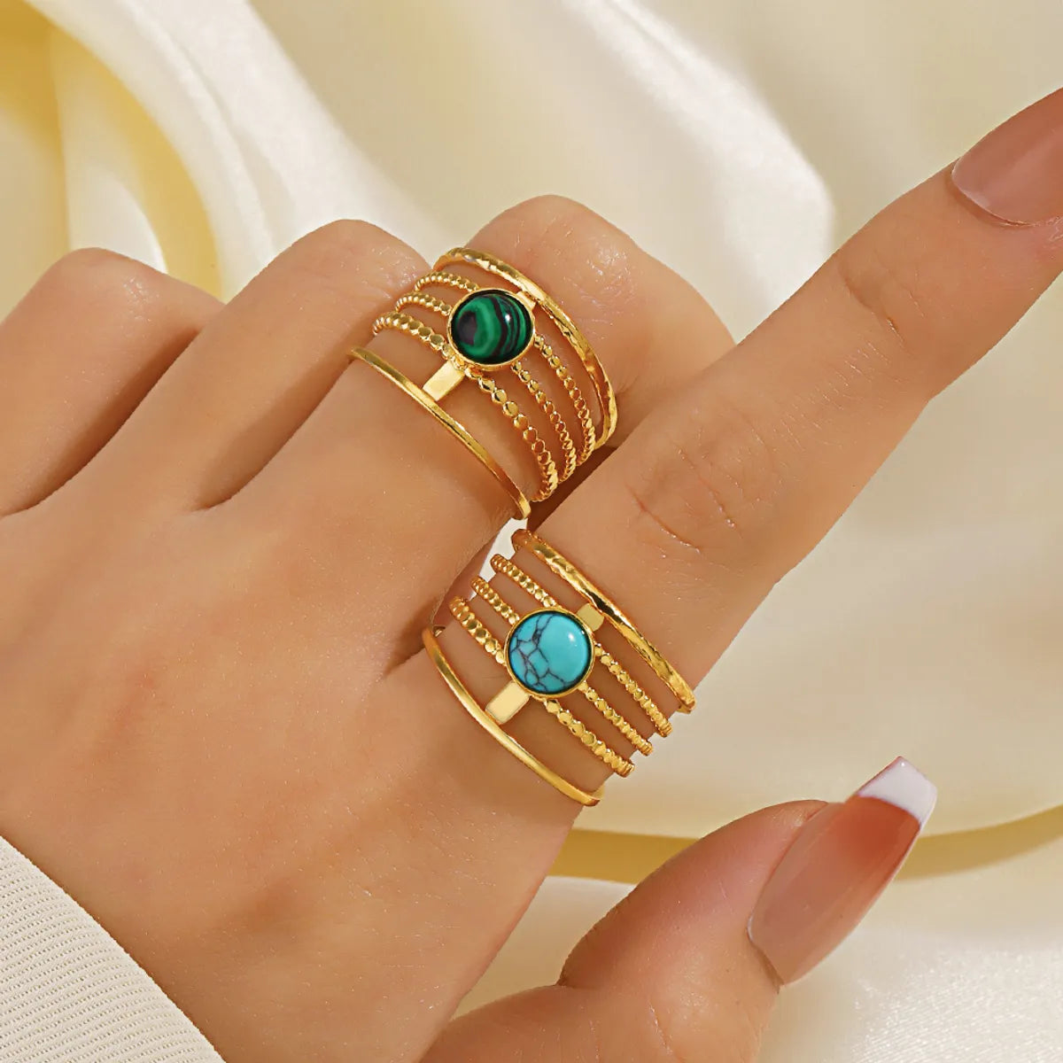 Ig Style Lines Stainless Steel Plating Inlay Natural Stone Turquoise 18k Gold Plated Adjustable Ring