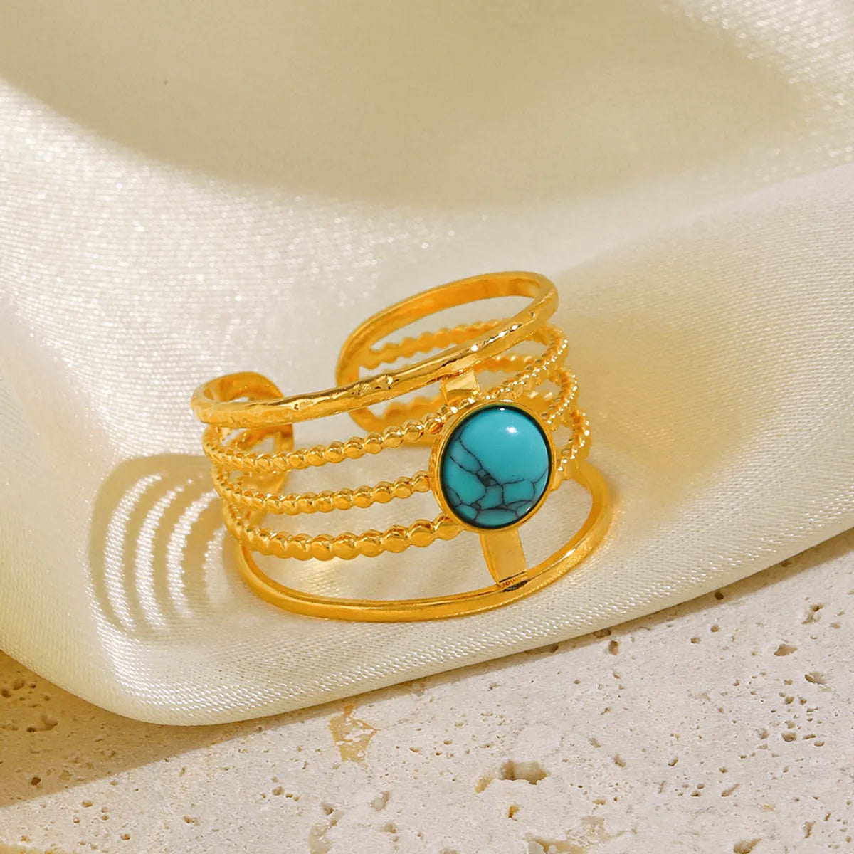 Ig Style Lines Stainless Steel Plating Inlay Natural Stone Turquoise 18k Gold Plated Adjustable Ring