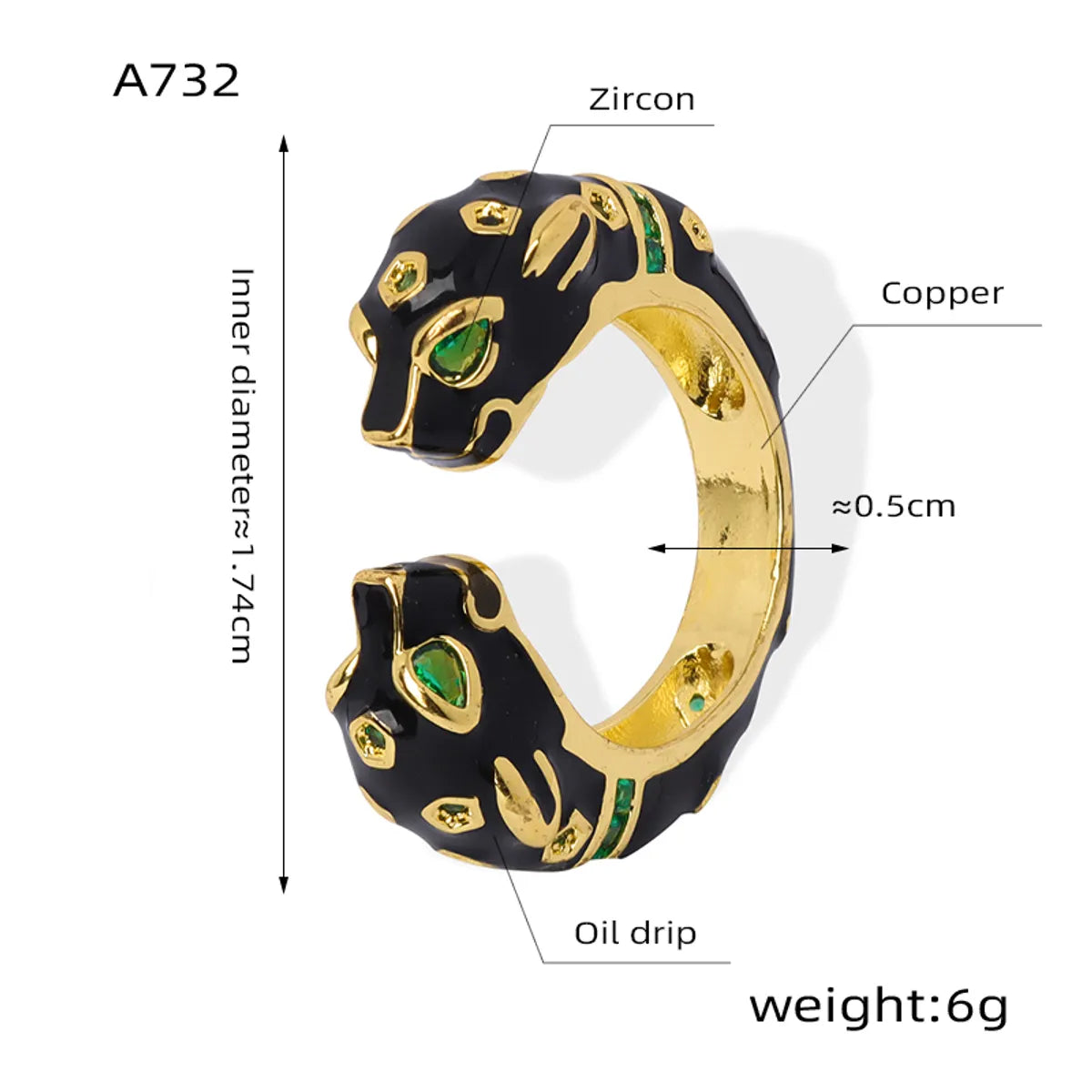 Ig Style Modern Style Animal Copper Enamel Plating Inlay Zircon 18k Gold Plated Open Rings