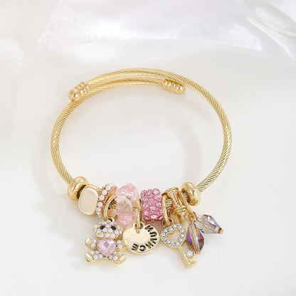 IG Style Modern Style Classic Style Bear Heart Shape Pineapple 304 Stainless Steel Alloy Gold Plated Artificial Crystal Rhinestones Bangle In Bulk