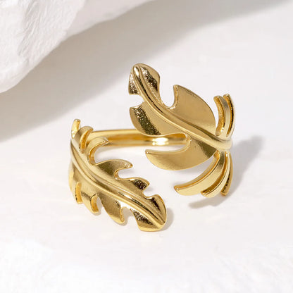 IG Style Modern Style Simple Style Leaves 304 Stainless Steel 18K Gold Plated Open Rings In Bulk