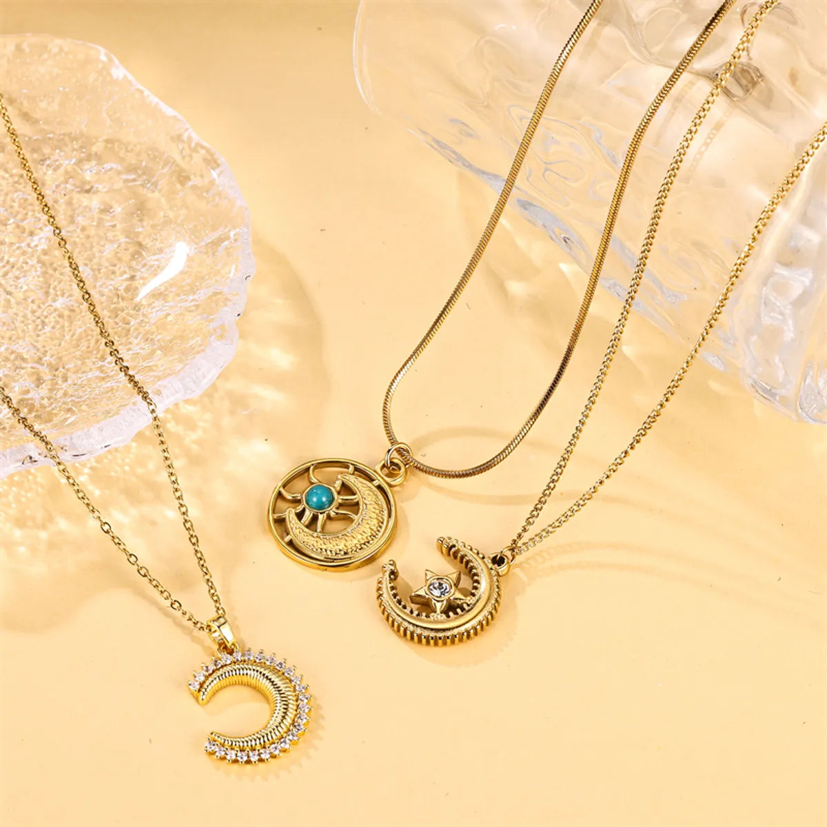 Ig Style Moon Stainless Steel Zircon 18k Gold Plated Pendant Necklace