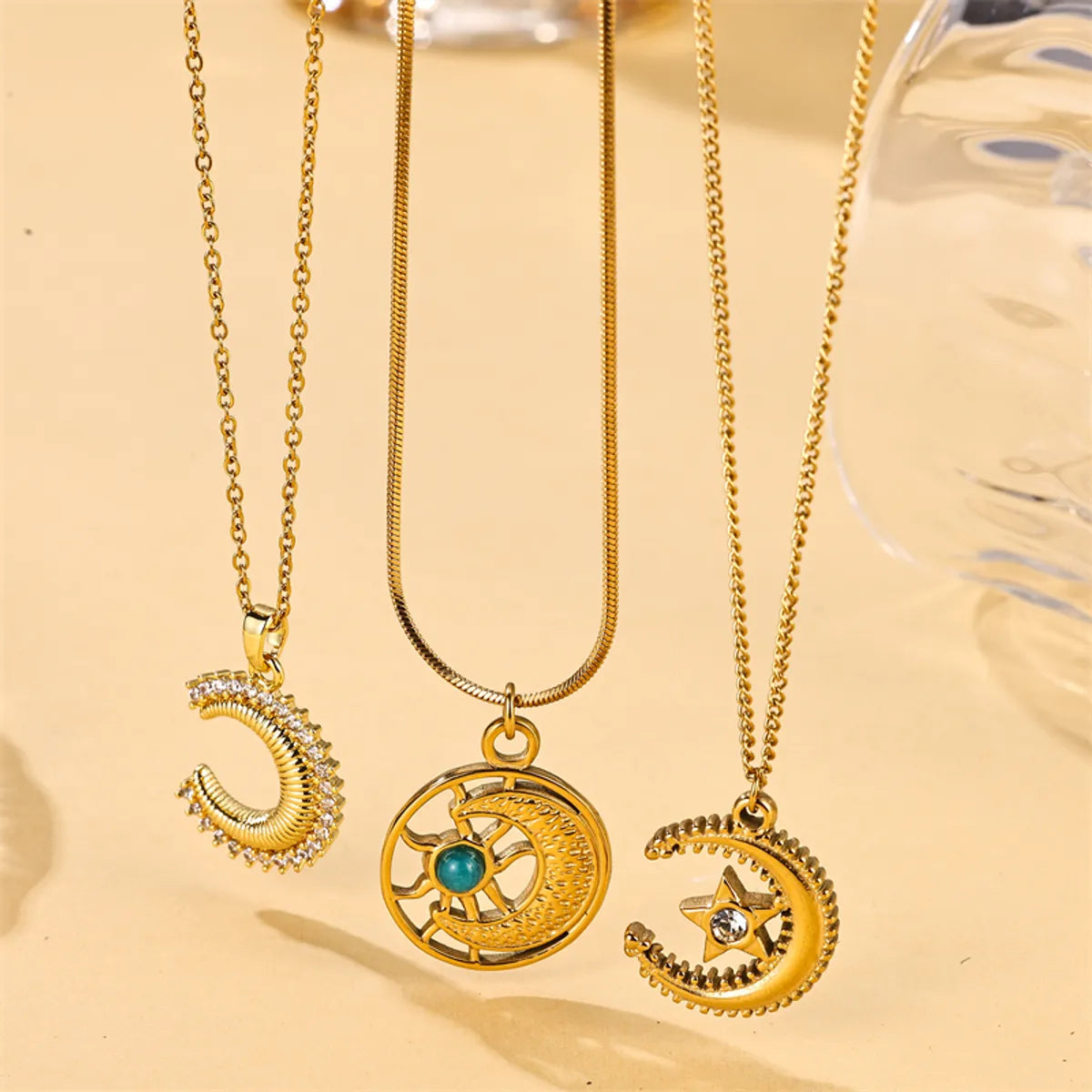 Ig Style Moon Stainless Steel Zircon 18k Gold Plated Pendant Necklace