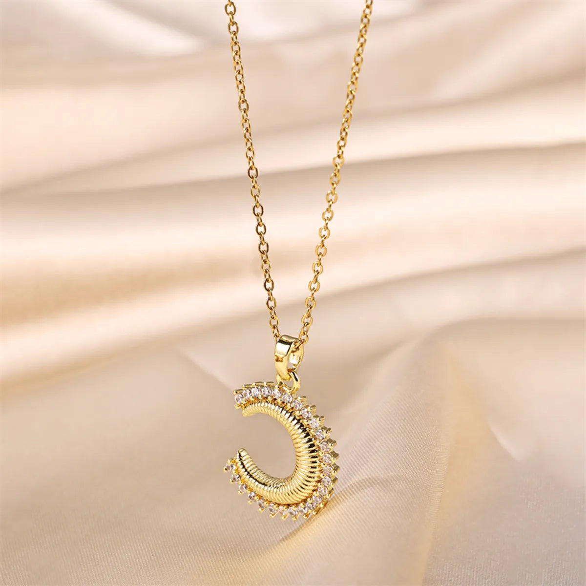 Ig Style Moon Stainless Steel Zircon 18k Gold Plated Pendant Necklace