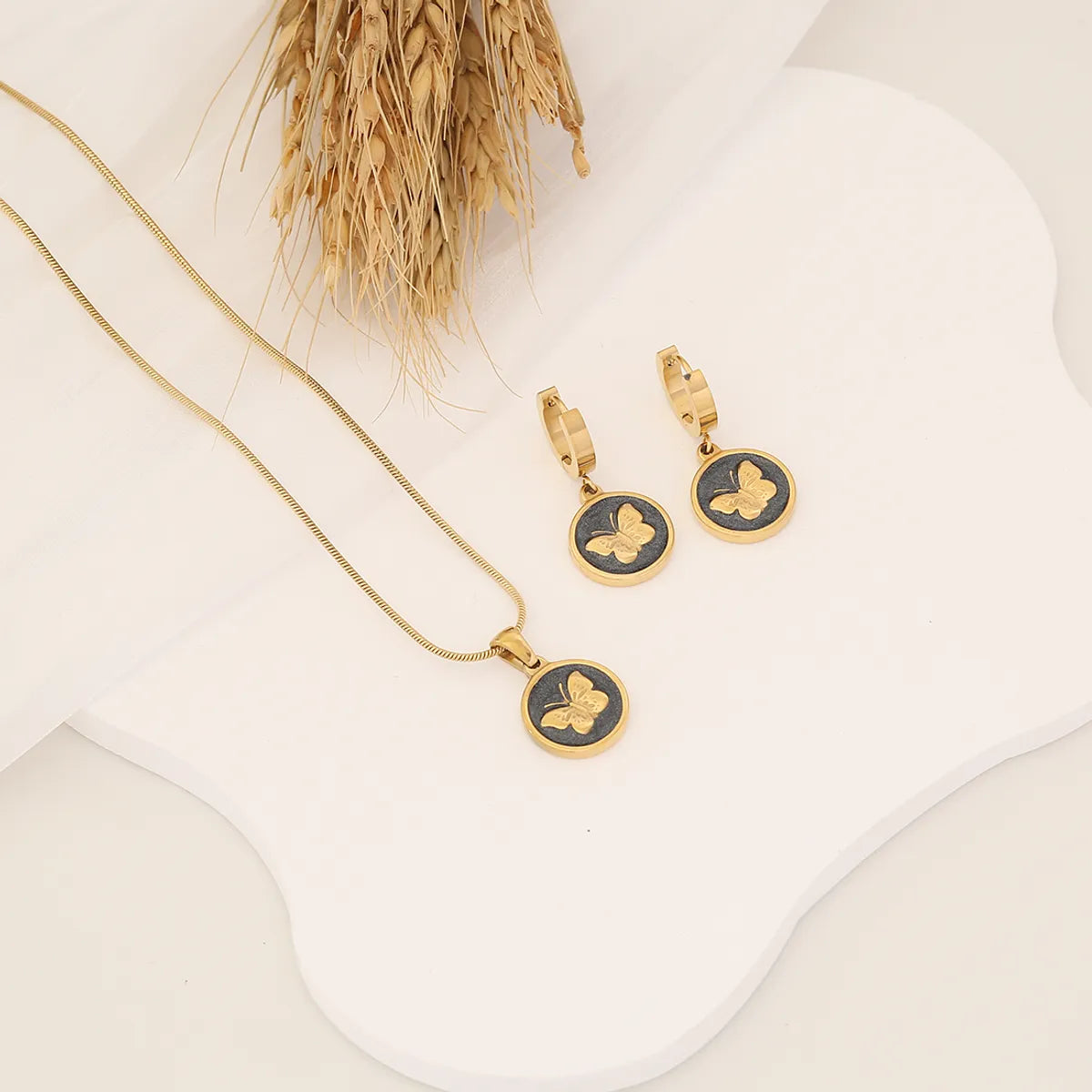 Ig Style Retro Butterfly Stainless Steel Enamel Plating Earrings Necklace