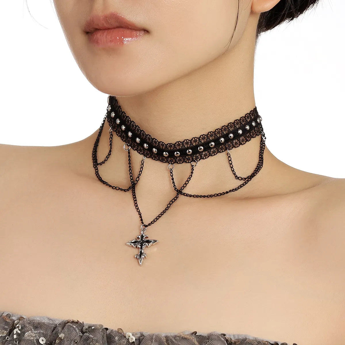 Ig Style Retro Geometric Cross Alloy Beaded Plating Chain Women'S Choker