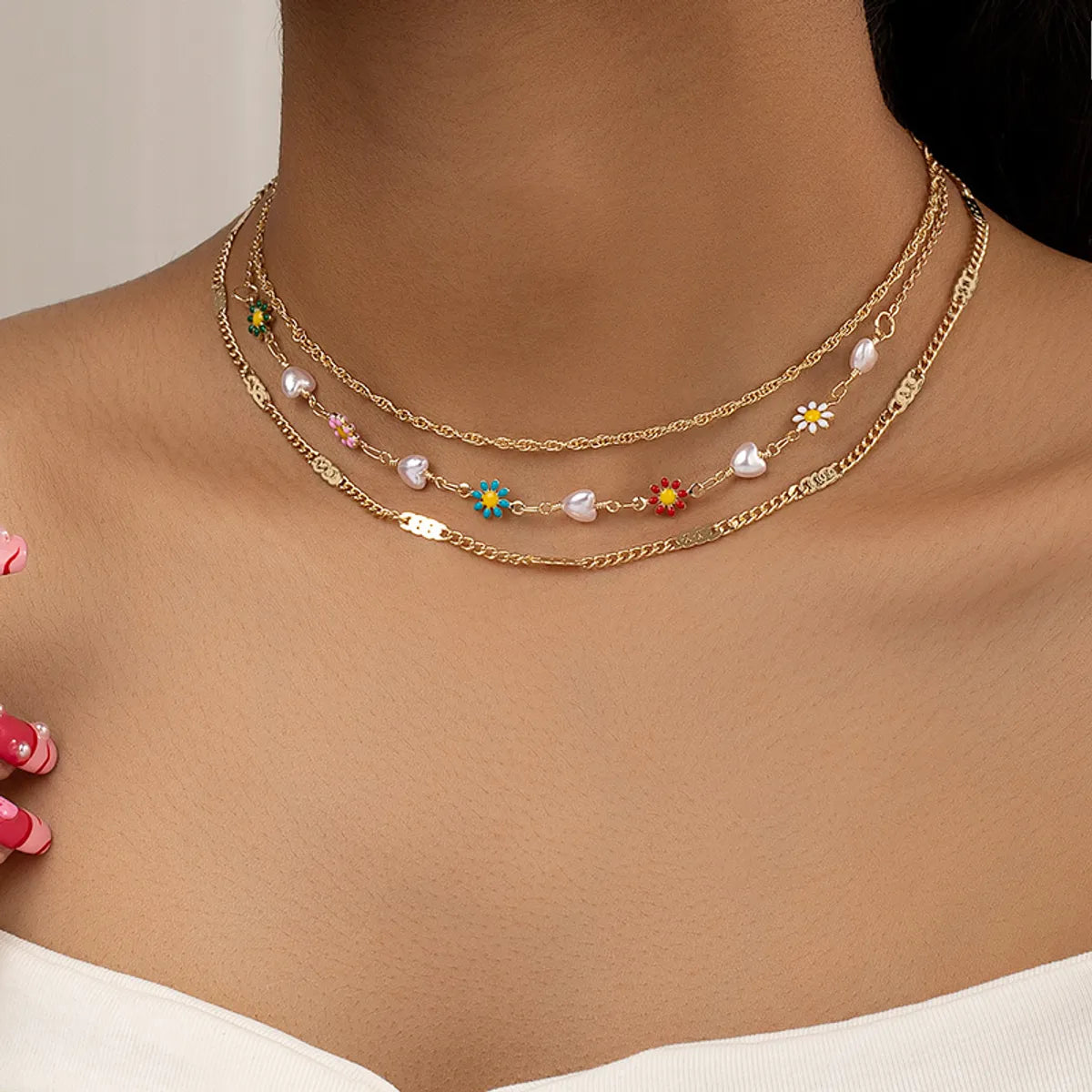 Ig Style Retro Heart Shape Pearl Daisy Alloy Plating Women's Necklace