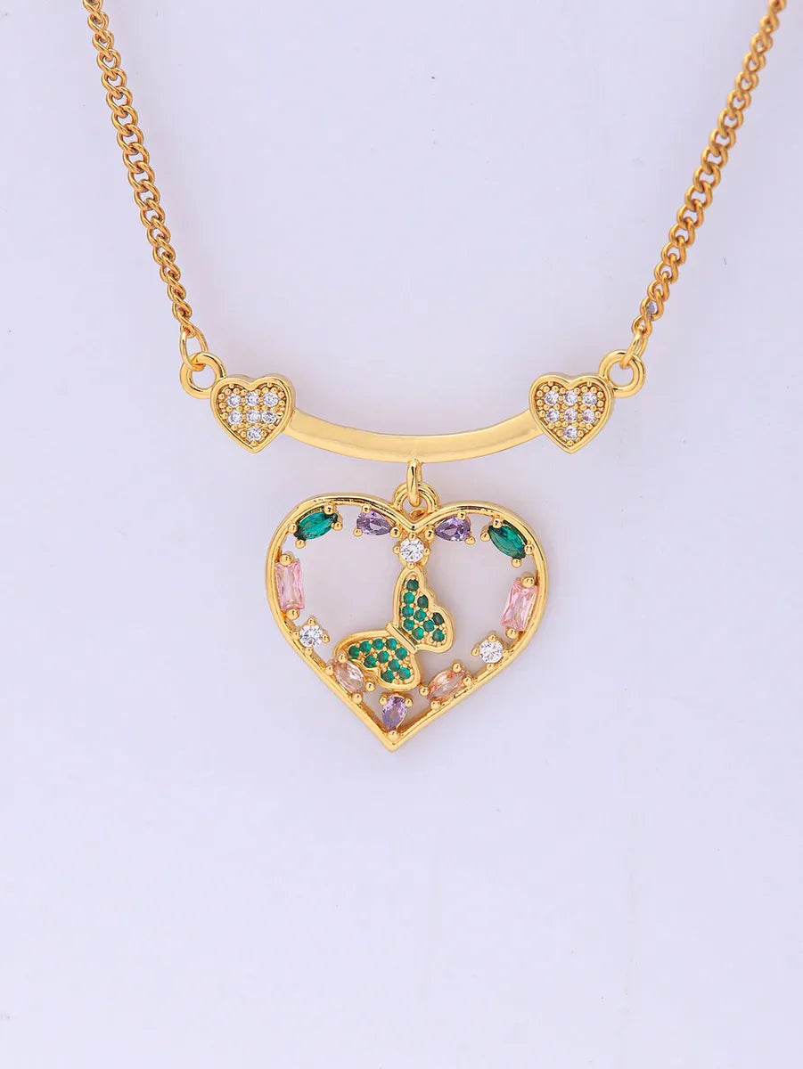 Ig Style Retro Heart Shape Stainless Steel Brass Plating Inlay Artificial Gemstones 18k Gold Plated Charms Pendant Necklace