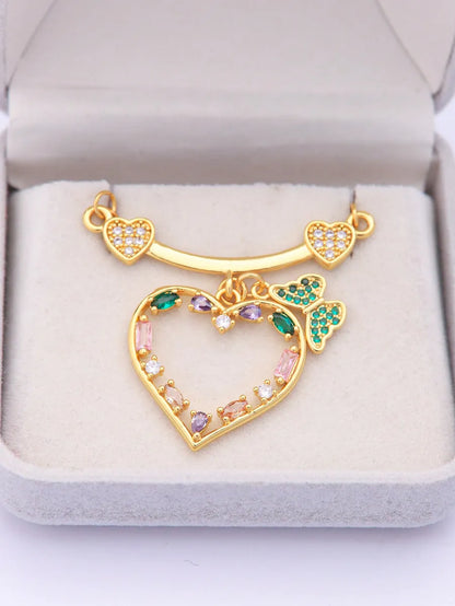 Ig Style Retro Heart Shape Stainless Steel Brass Plating Inlay Artificial Gemstones 18k Gold Plated Charms Pendant Necklace