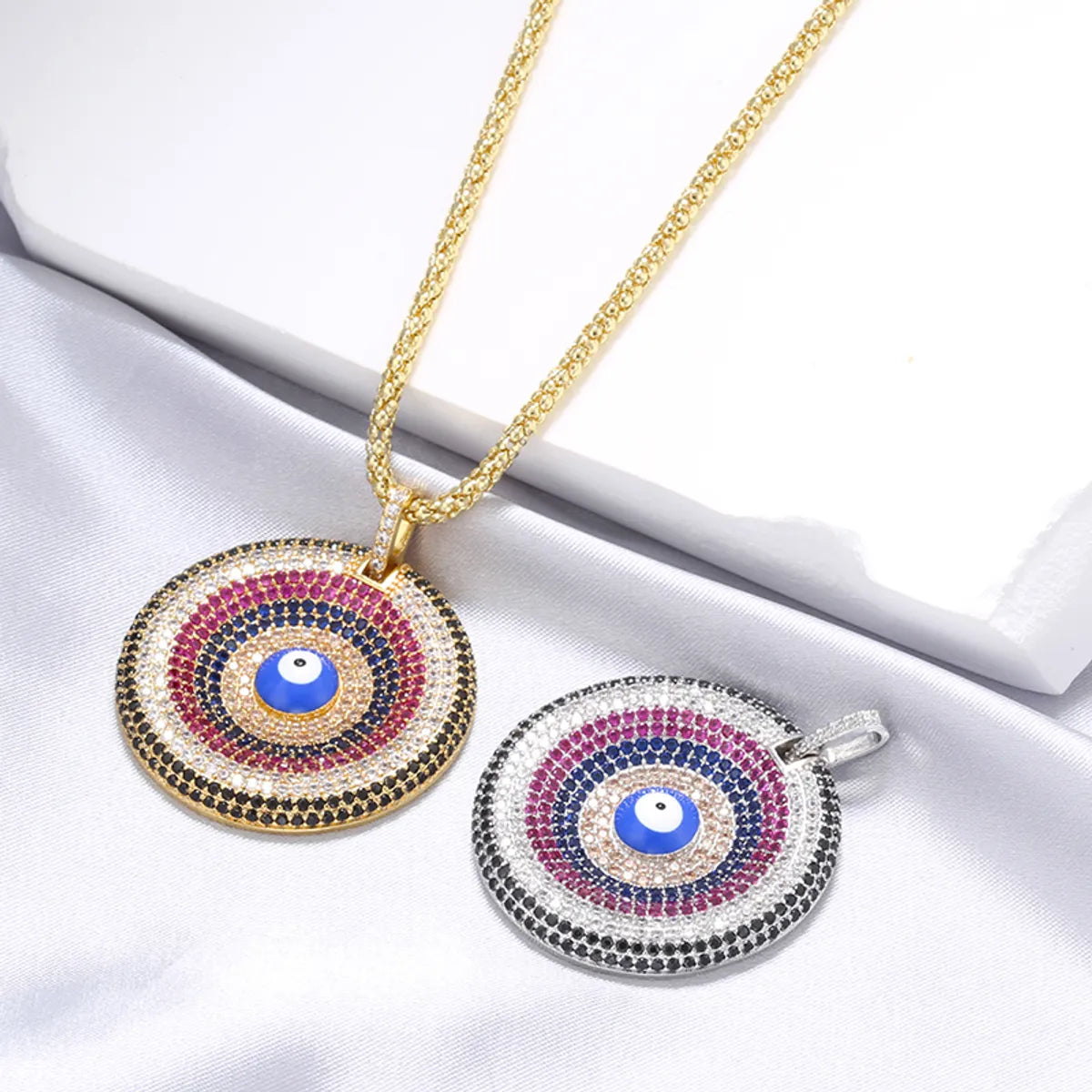 Ig Style Round Copper Plating Inlay Zircon 18k Gold Plated Pendant Necklace