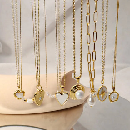 Ig Style Round Oval Heart Shape Stainless Steel Imitation Pearl Plating Inlay Shell 18k Gold Plated Pendant Necklace