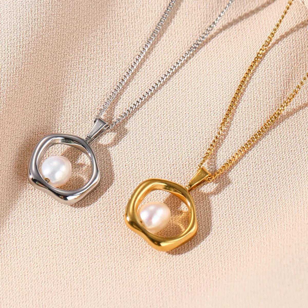 Ig Style Round Stainless Steel Freshwater Pearl Plating 18k Gold Plated Pendant Necklace