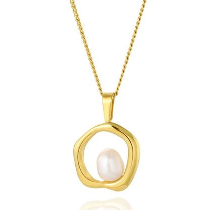 Ig Style Round Stainless Steel Freshwater Pearl Plating 18k Gold Plated Pendant Necklace