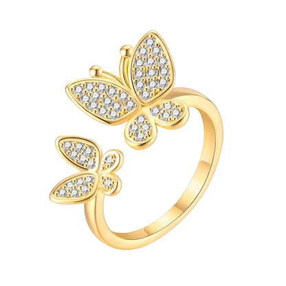 Ig Style Shiny Butterfly Copper Zircon 18k Gold Plated Open Rings